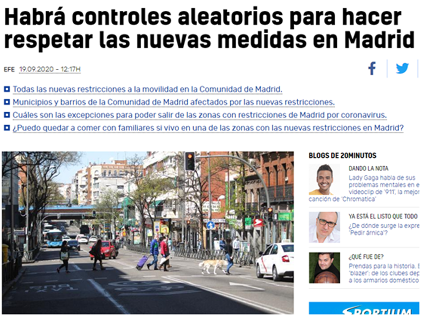 马德里封锁37区！随机路检查出门动机证明！太阳门大规模集会抗议！
